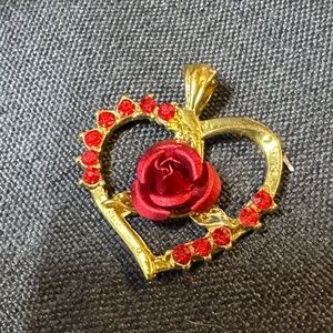 Gold Heart Pendant with Red Rose Accents